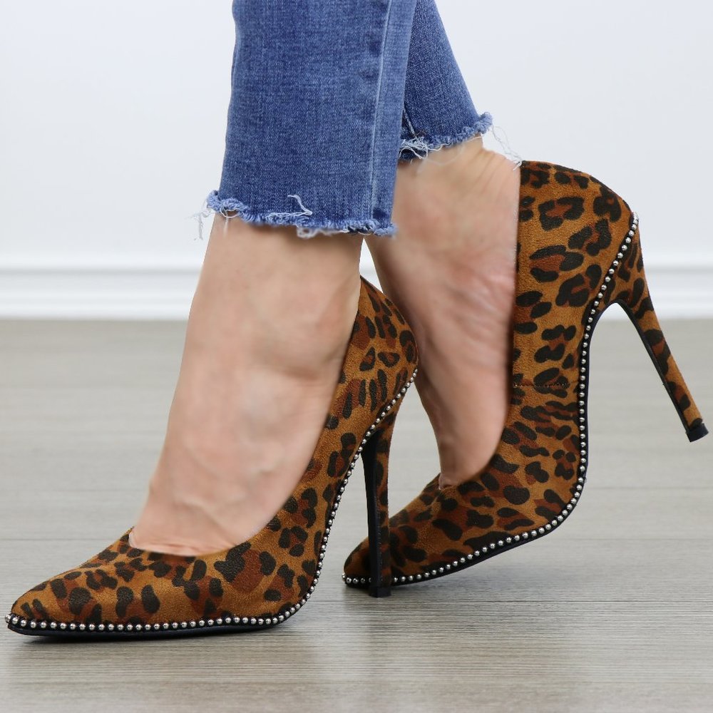 Leopard Vegan Suede High Heel Pumps With Studs - Picture 2 of 6